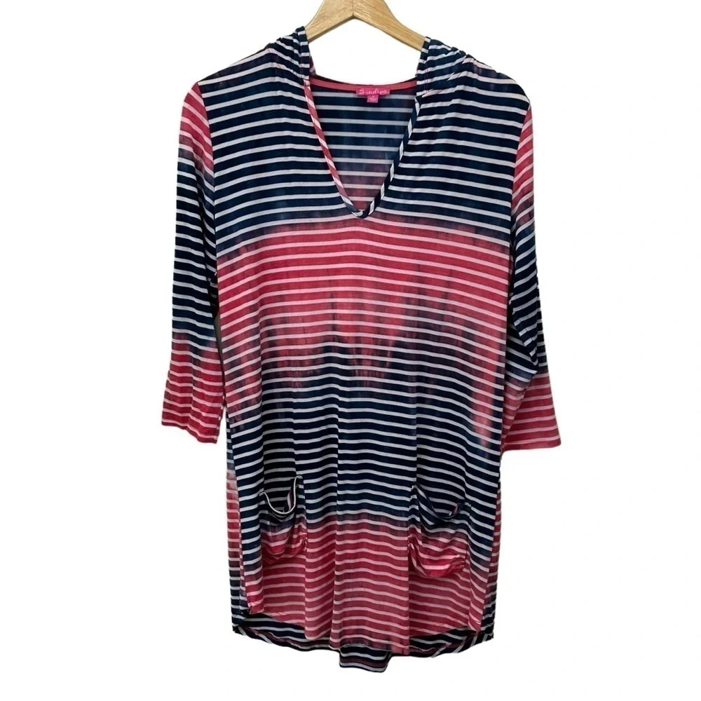 Sandiva Red, White, Blue Stripe Swim Coverup Hoodie Dress, Medium